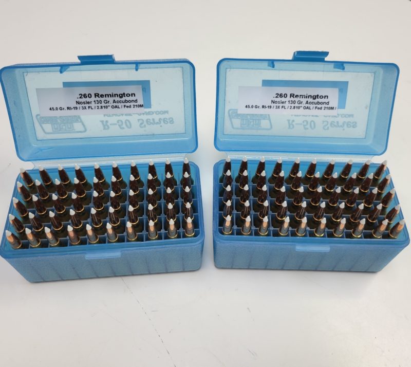 Texas Custom Hand Loads .260 Rem Nosler 130 Grain Accubond 50 Rounds Plastic Case scaled e1659027437197